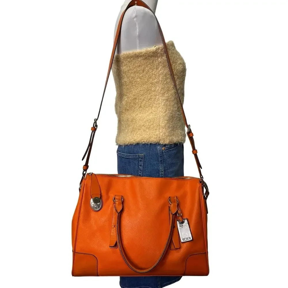 VGUC – TUMI Voyageur Large Tangerine Textured Leather Briefcase 73126TNG